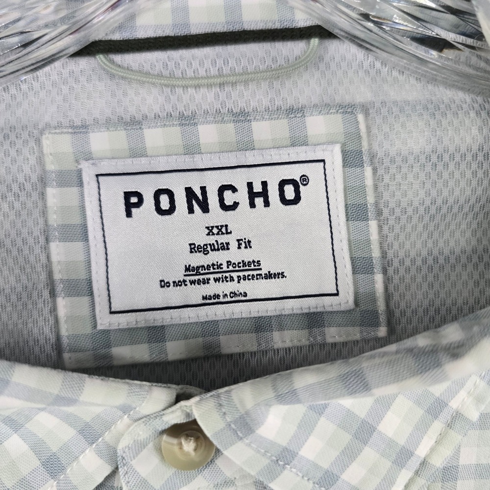 Poncho Fishing Shirt Mens XXL Green White Gingham Plaid Magnetic Pockets Vented - Picture 3 of 8